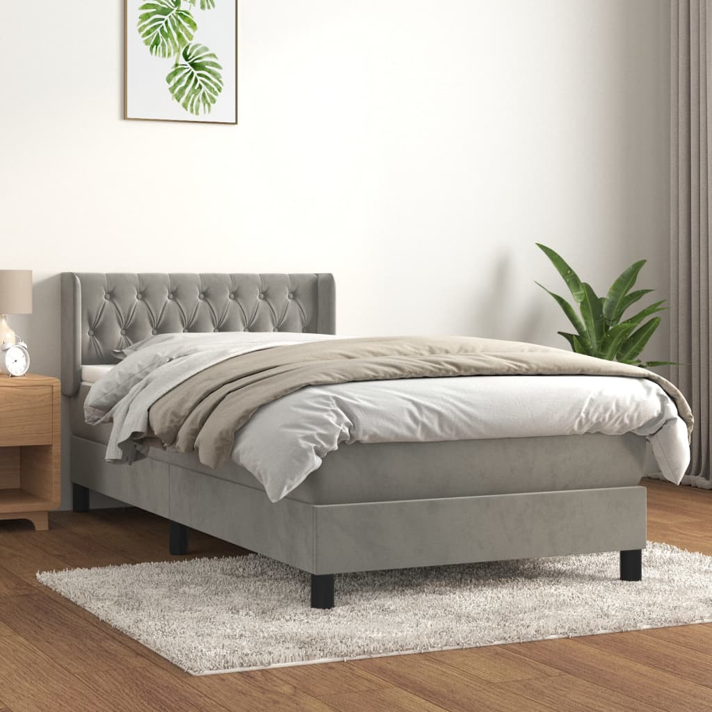 vidaXL Pat box spring cu saltea, gri deschis, 90x190 cm, catifea