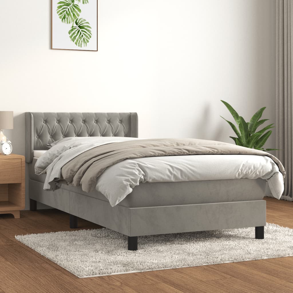 vidaXL Pat box spring cu saltea, gri deschis, 100x200 cm, catifea