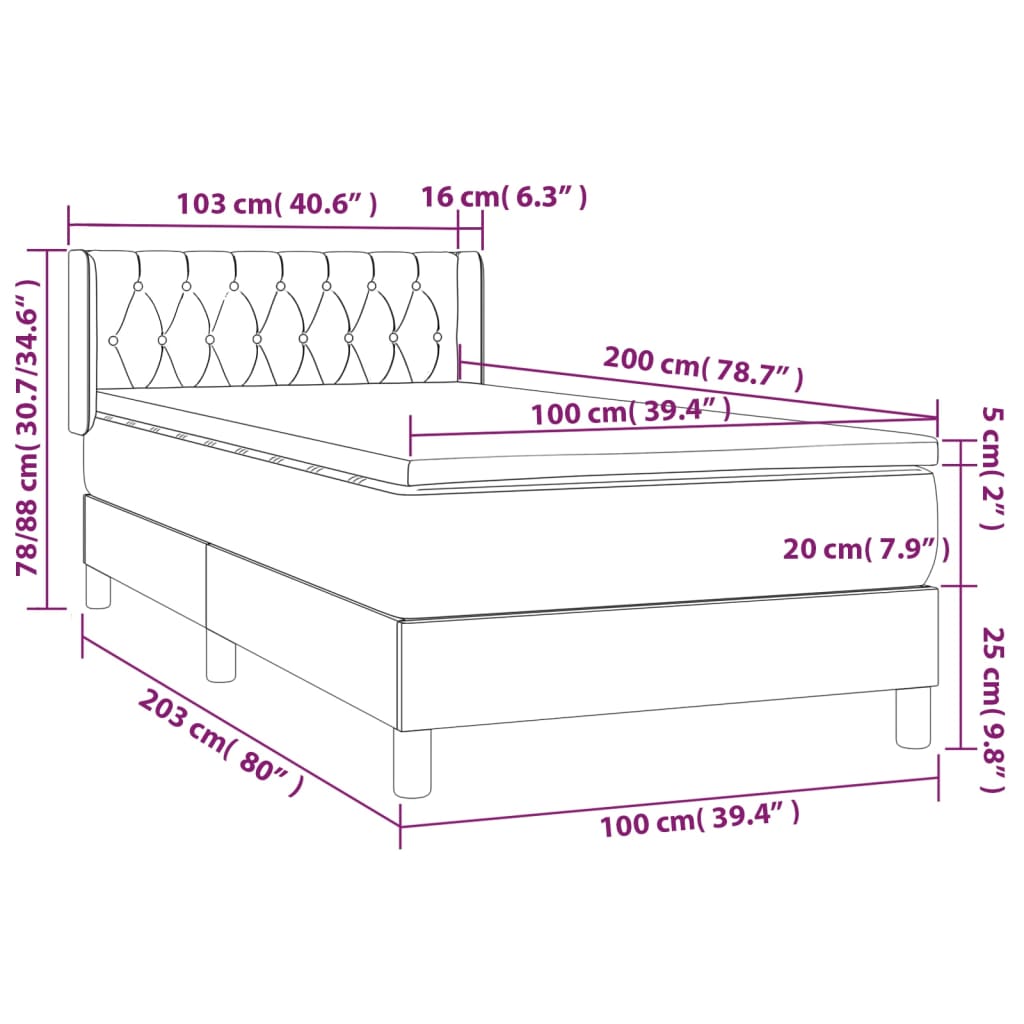 sötétszürke bársony rugós ágy matraccal 100 x 200 cm