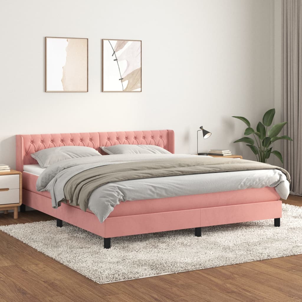 vidaXL Pat box spring cu saltea, roz, 180×200 cm, catifea 180x200