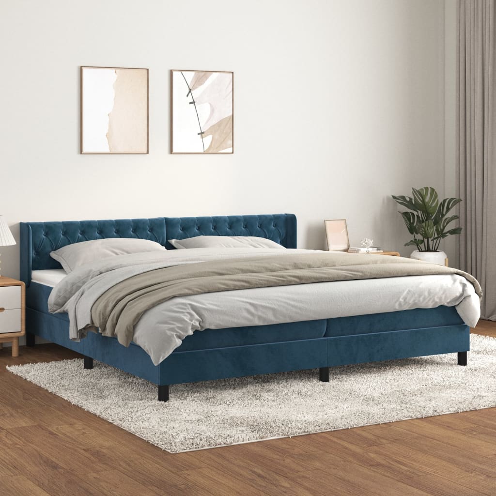 vidaXL Pat box spring cu saltea, albastru închis, 200x200 cm, catifea