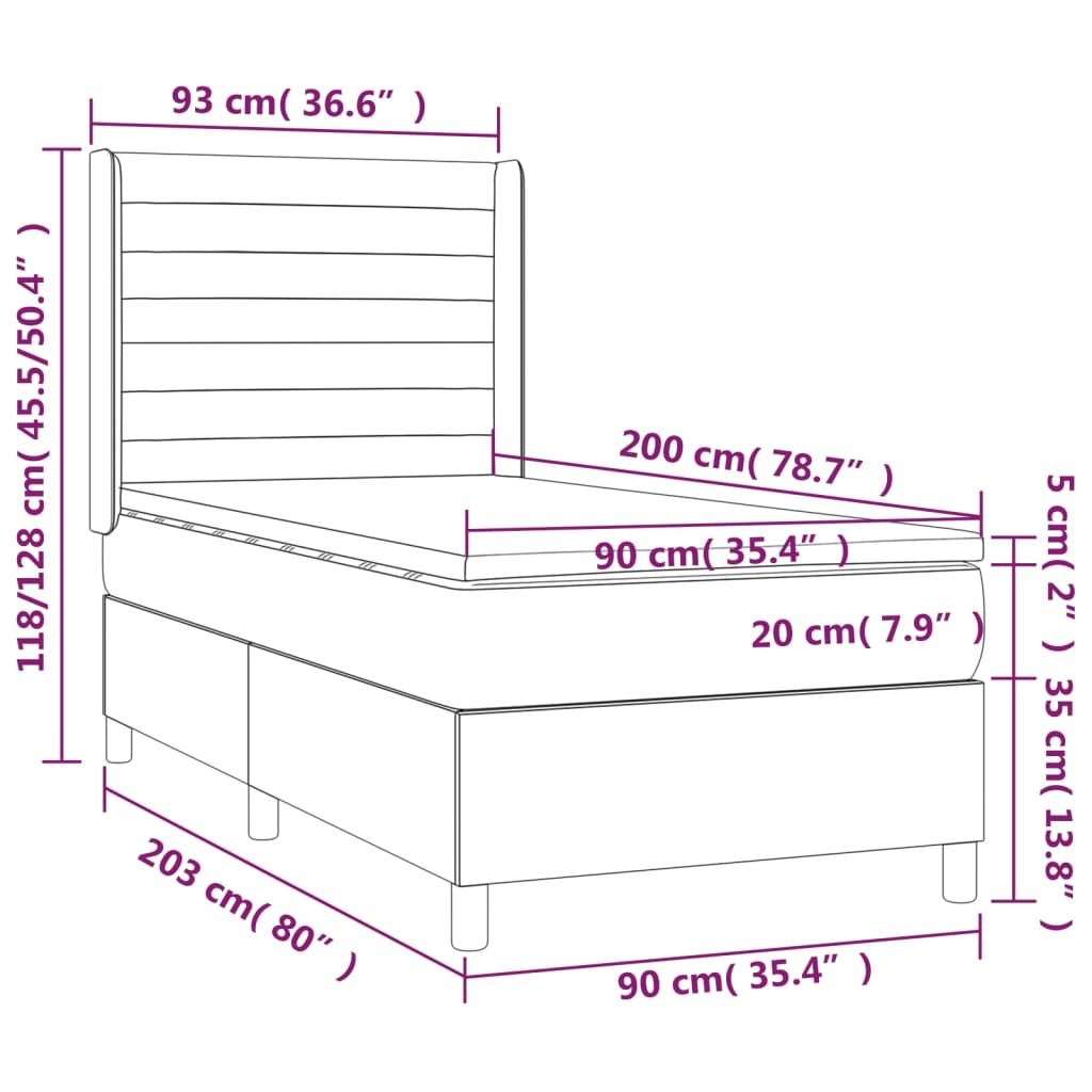 Łóżko kontynentalne - ciemnoszary, 203x93x118/128 cm Materac - biały i ciemnoszary, 90x200x20 cm Nakładka ochronna na materac - biała, 90x200x5 cm