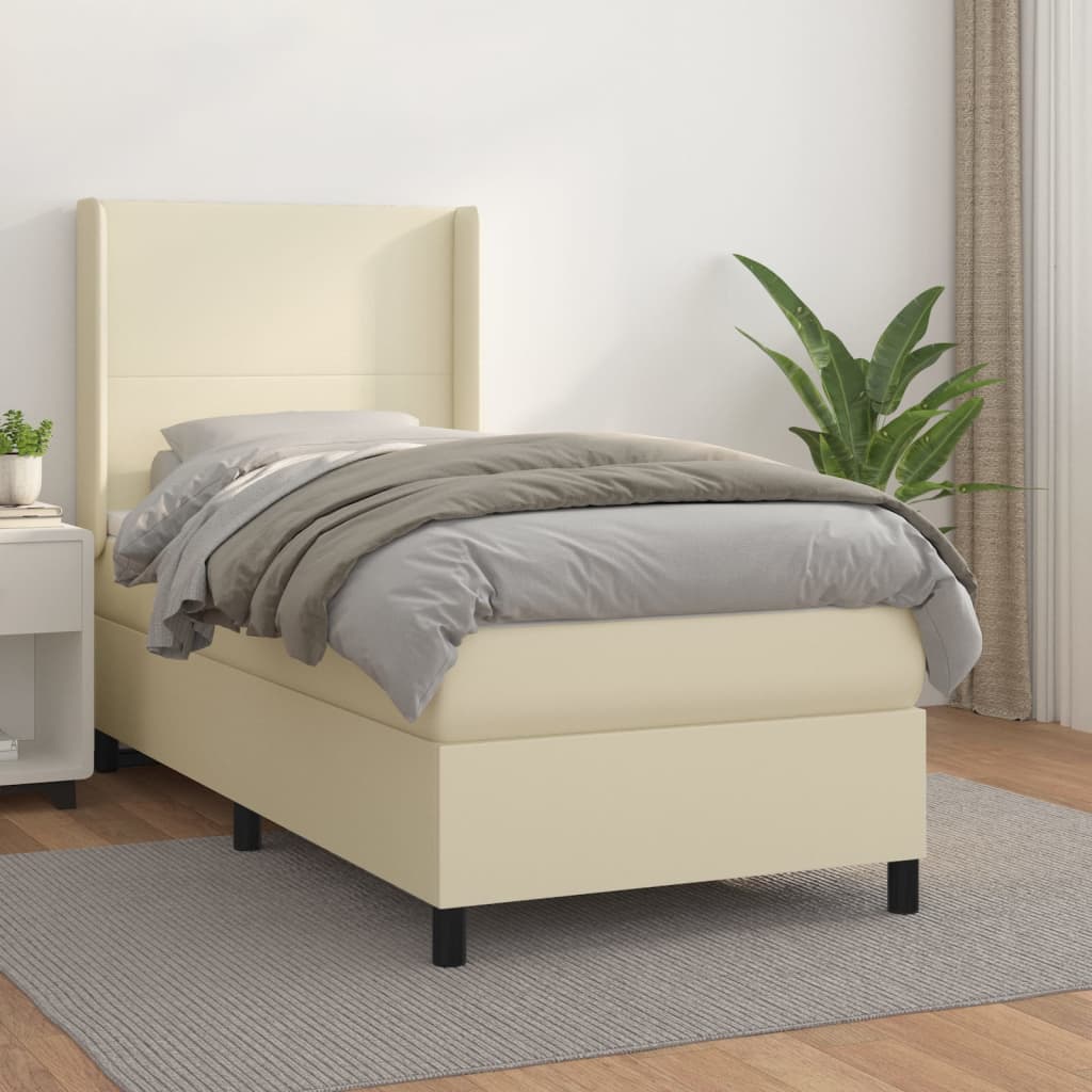 vidaXL Pat box spring cu saltea, crem, 90x200 cm, piele ecologică