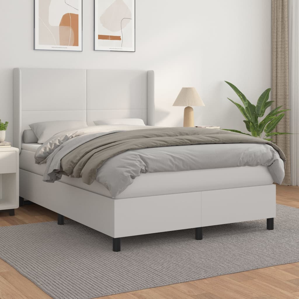 vidaXL Pat box spring cu saltea, alb, 140x190 cm, piele ecologică