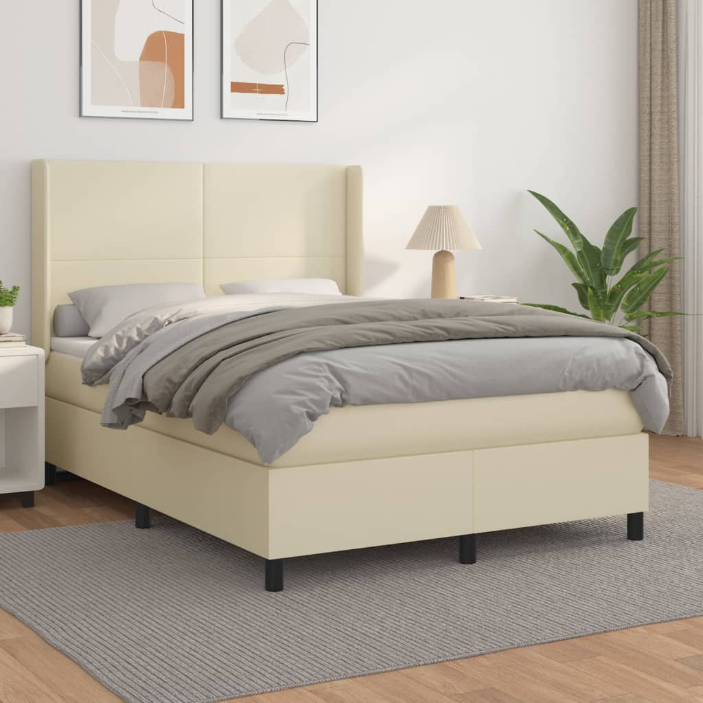 vidaXL Pat box spring cu saltea, crem, 140x190 cm, piele ecologică