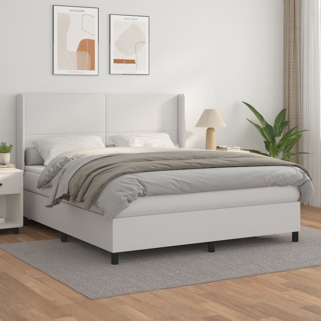 vidaXL Pat box spring cu saltea, alb, 160x200 cm, piele ecologică