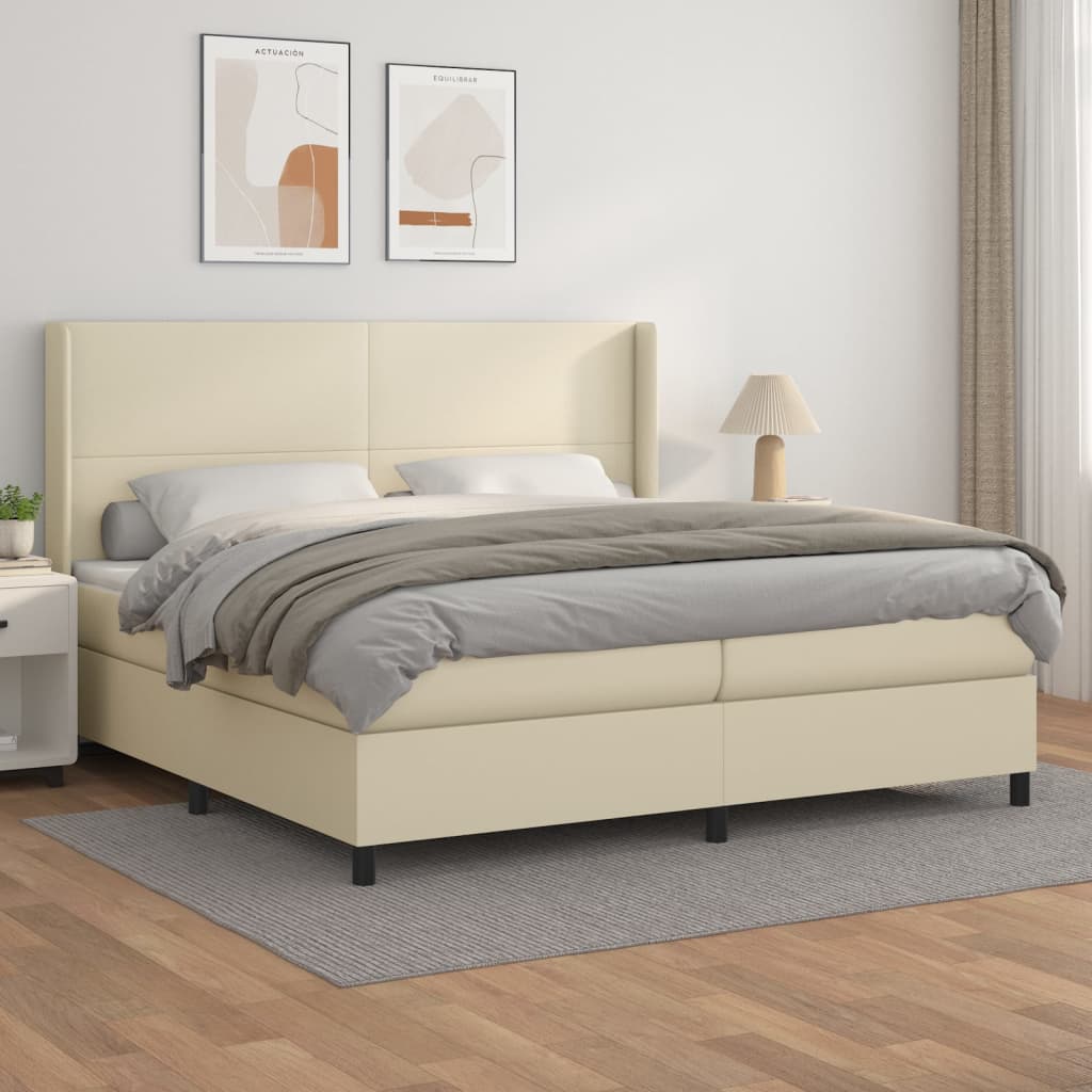 vidaXL Pat continental cu saltea, crem, 200×200 cm, piele ecologică 200x200 imagine noua