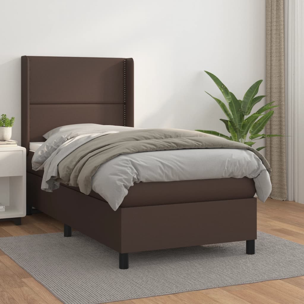 vidaXL Pat box spring cu saltea, maro, 90x200 cm, piele ecologică