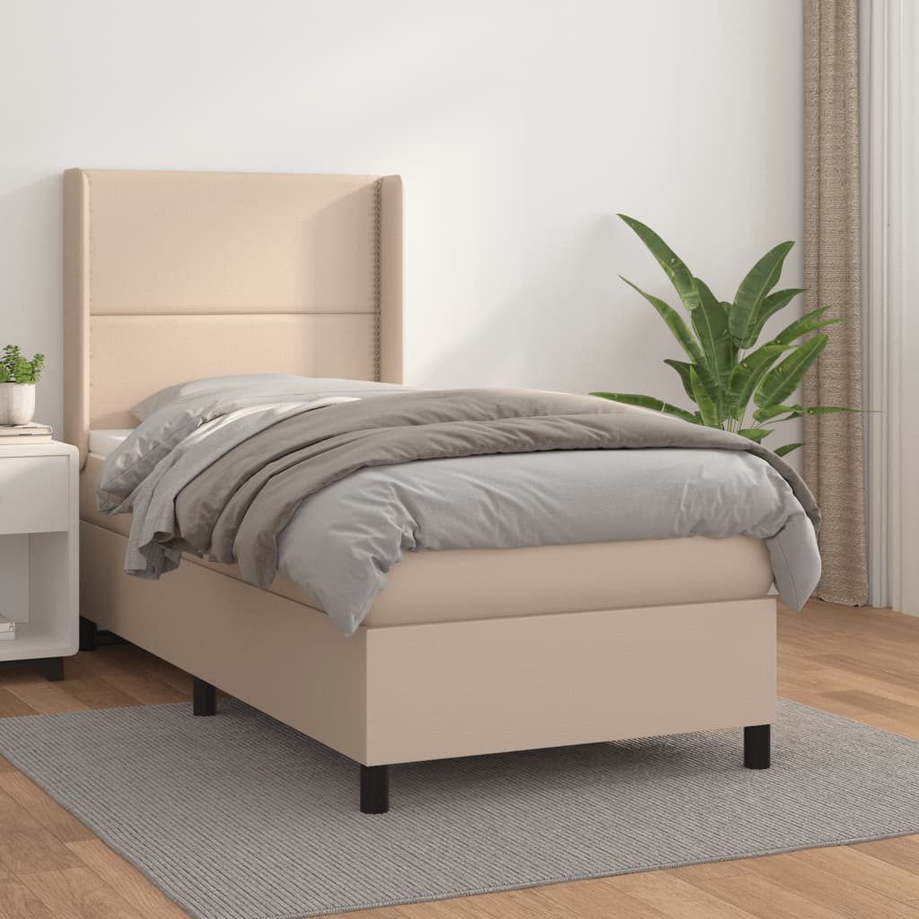 vidaXL Pat box spring cu saltea, cappuccino, 90x200 cm piele ecologică