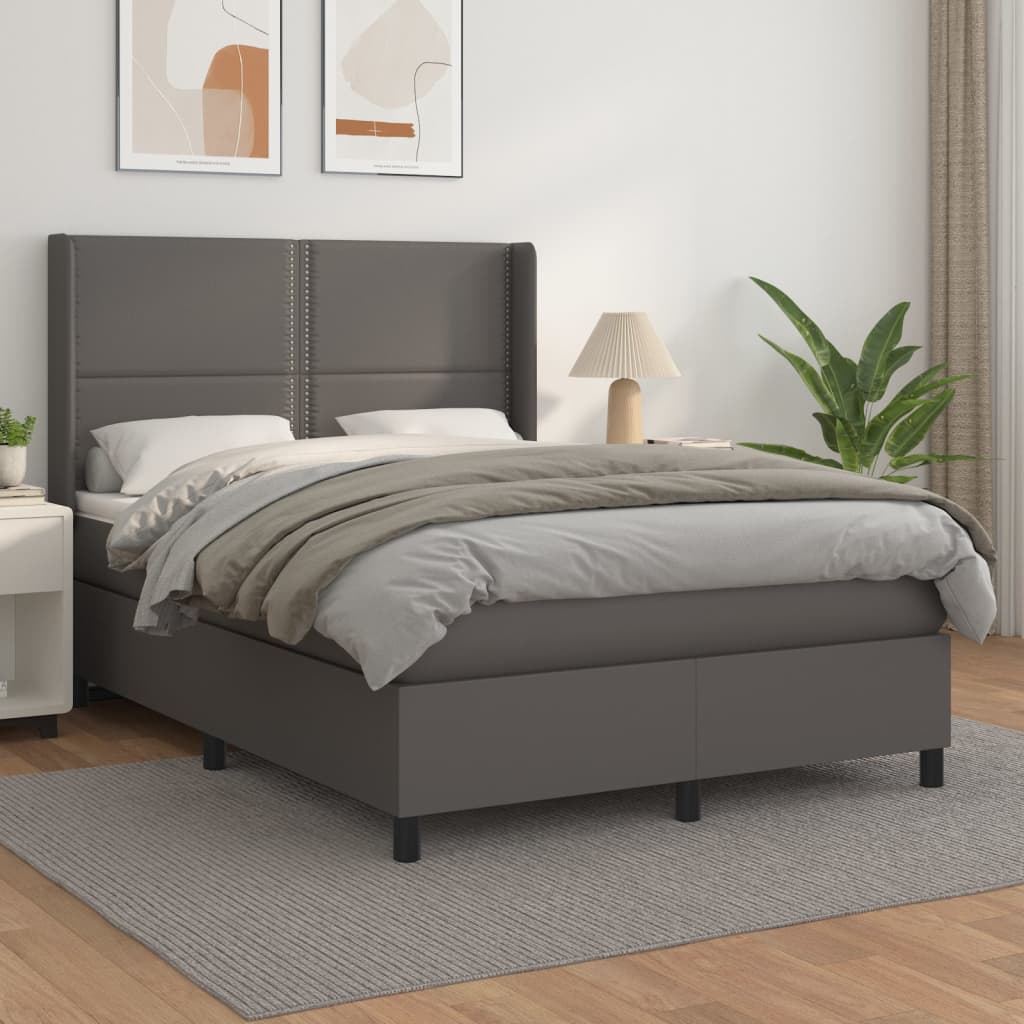 vidaXL Pat box spring cu saltea, gri, 140x190 cm, piele ecologică