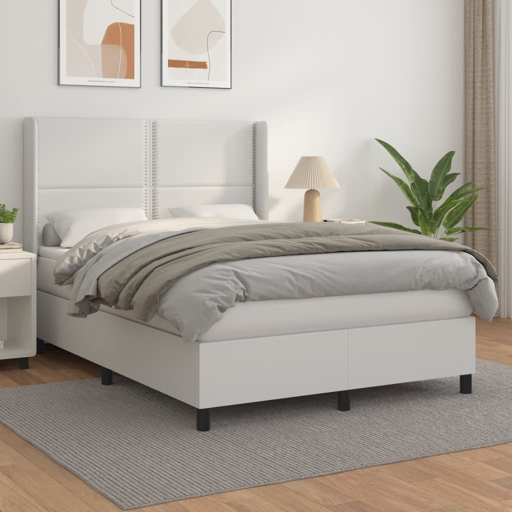 vidaXL Pat box spring cu saltea, alb, 140×200 cm, piele ecologică 140x200 imagine noua
