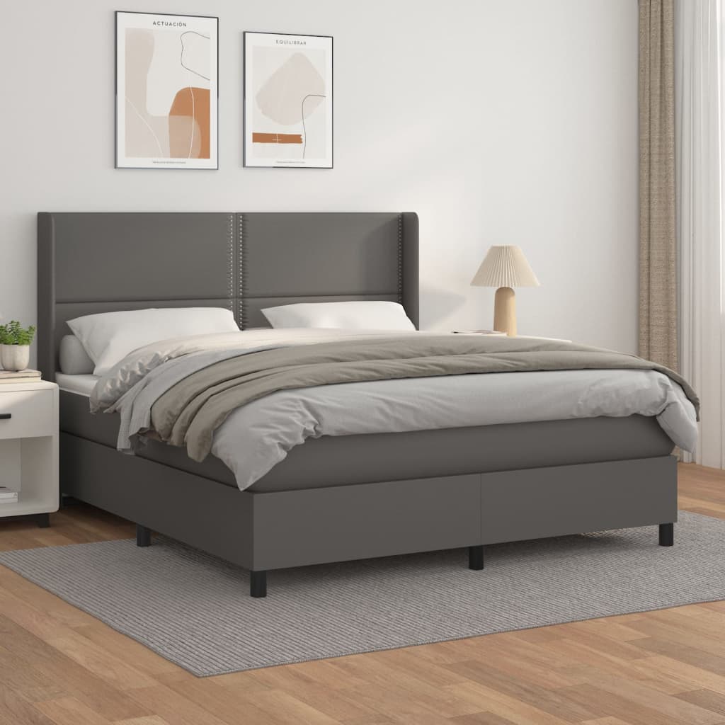 vidaXL Pat box spring cu saltea, gri, 160x200 cm, piele ecologică