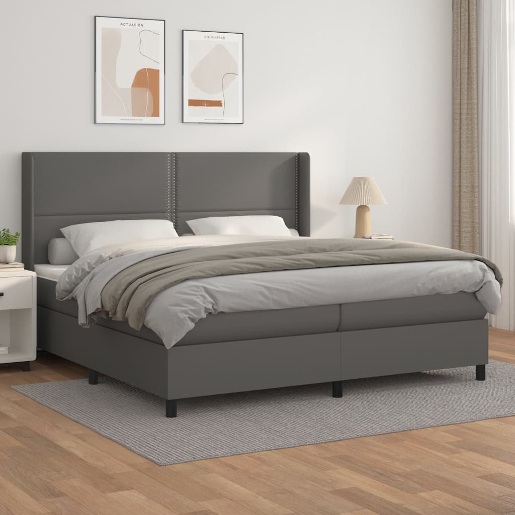 vidaXL Pat box spring cu saltea, gri, 200x200 cm, piele ecologică