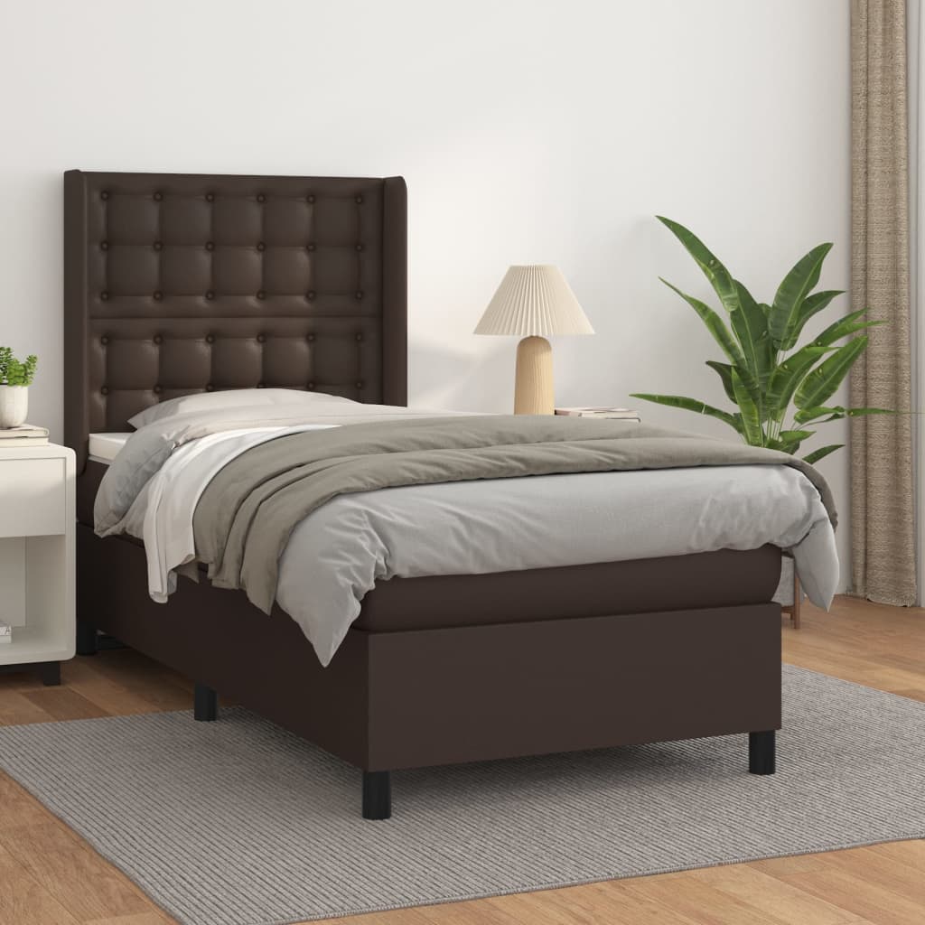 vidaXL Pat box spring cu saltea, maro, 90x200 cm, piele ecologică