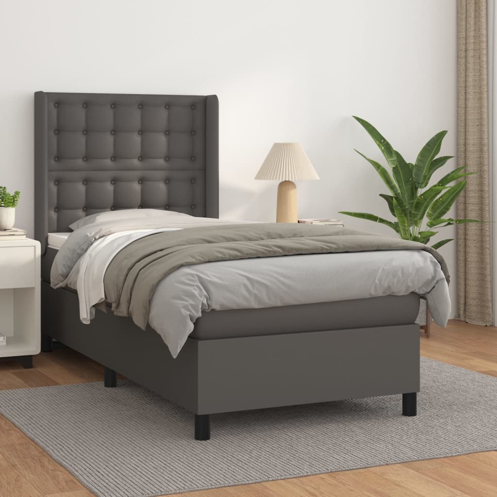 vidaXL Pat box spring cu saltea, gri, 90x200 cm, piele ecologică