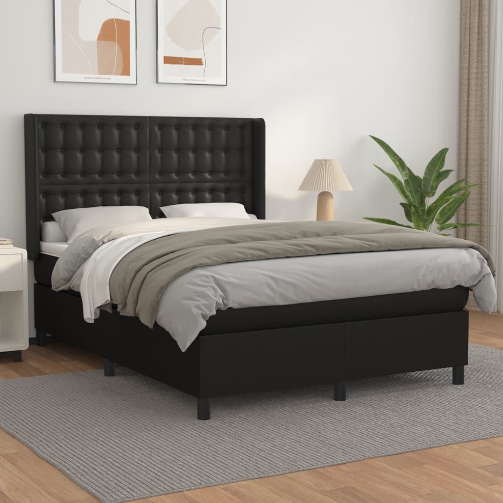 vidaXL Pat box spring cu saltea, negru, 140x190 cm, piele ecologică