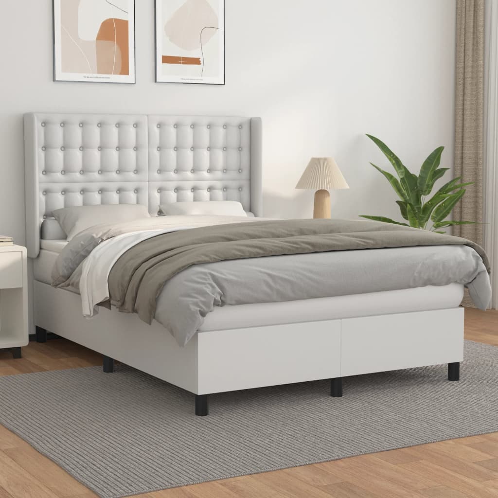 vidaXL Pat box spring cu saltea, alb, 140x190 cm, piele ecologică