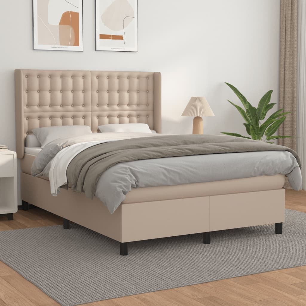 vidaXL Pat box spring cu saltea, cappuccino, 140x190cm piele ecologică