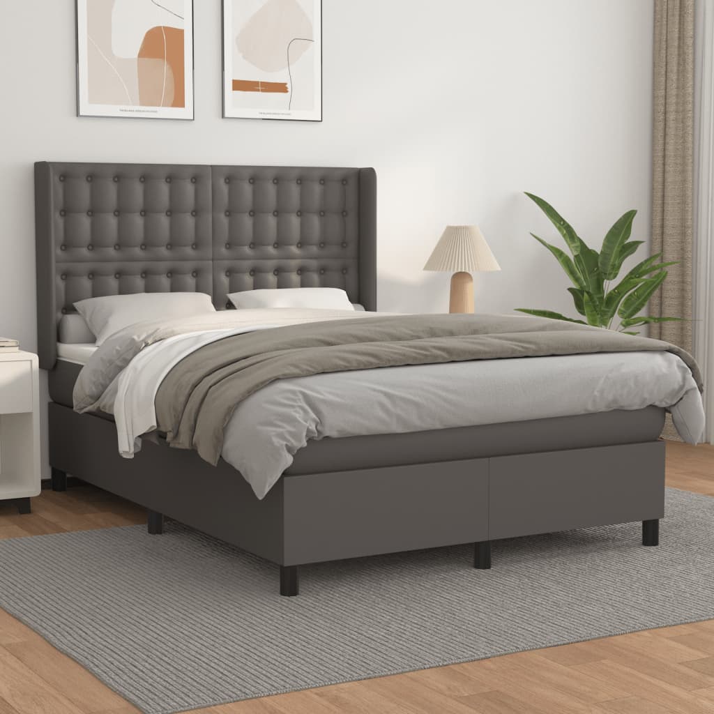 vidaXL Pat box spring cu saltea, gri, 140x200 cm, piele ecologică