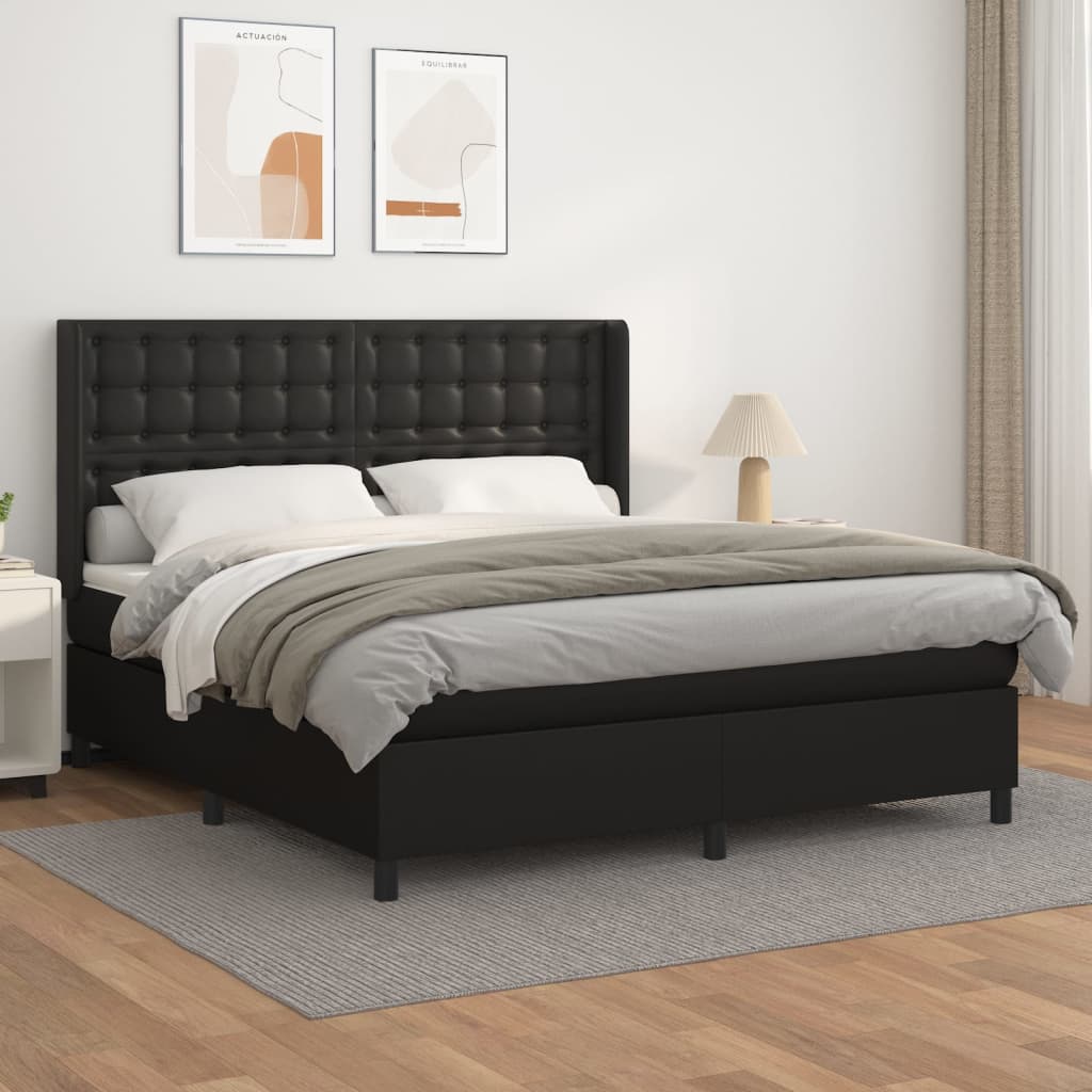 vidaXL Pat box spring cu saltea, negru, 180x200 cm, piele ecologică