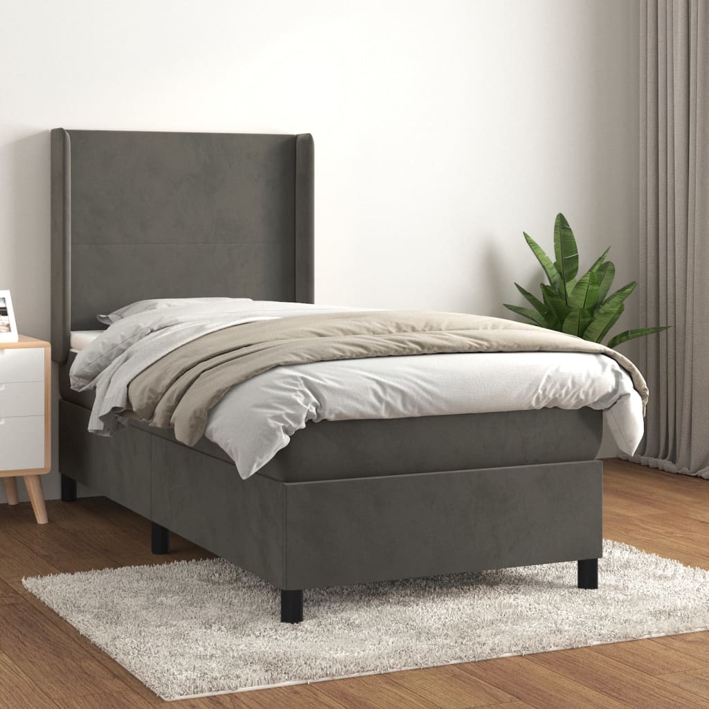 vidaXL Pat box spring cu saltea, gri închis, 90x190 cm, catifea