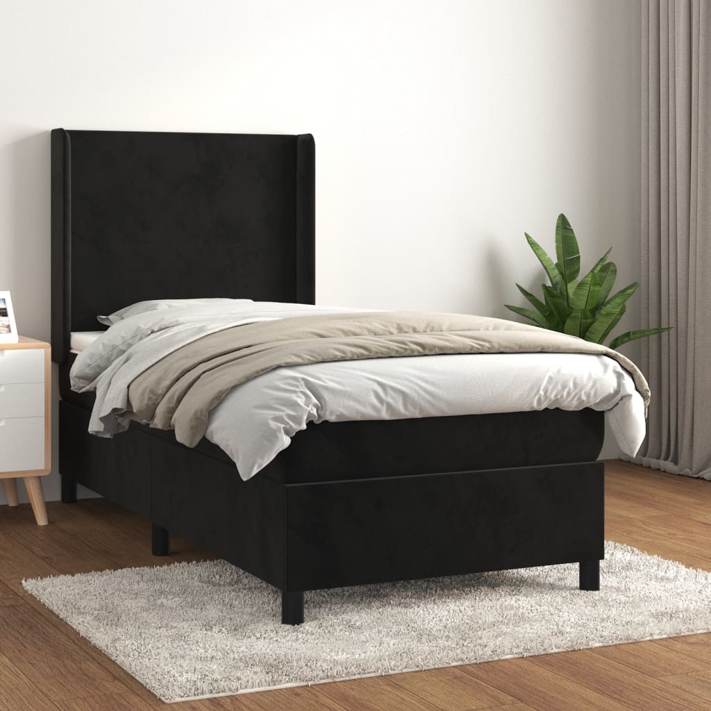 vidaXL Pat box spring cu saltea, negru, 90x190 cm, catifea