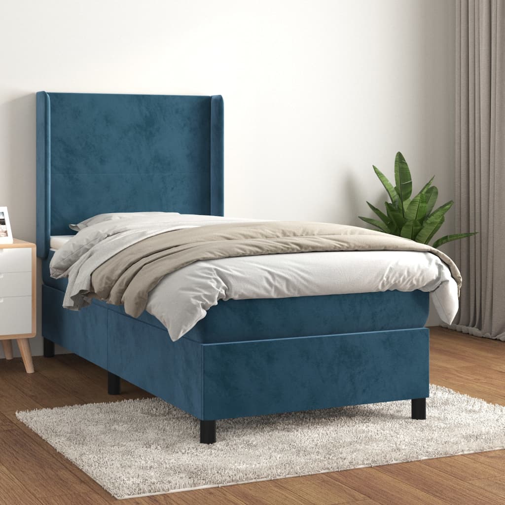 Pat box spring cu saltea, albastru închis, 90x190 cm, catifea