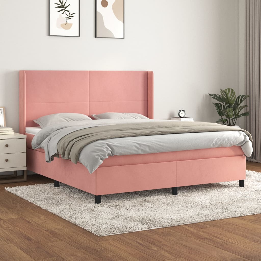 vidaXL Pat box spring cu saltea, roz, 160x200 cm, catifea