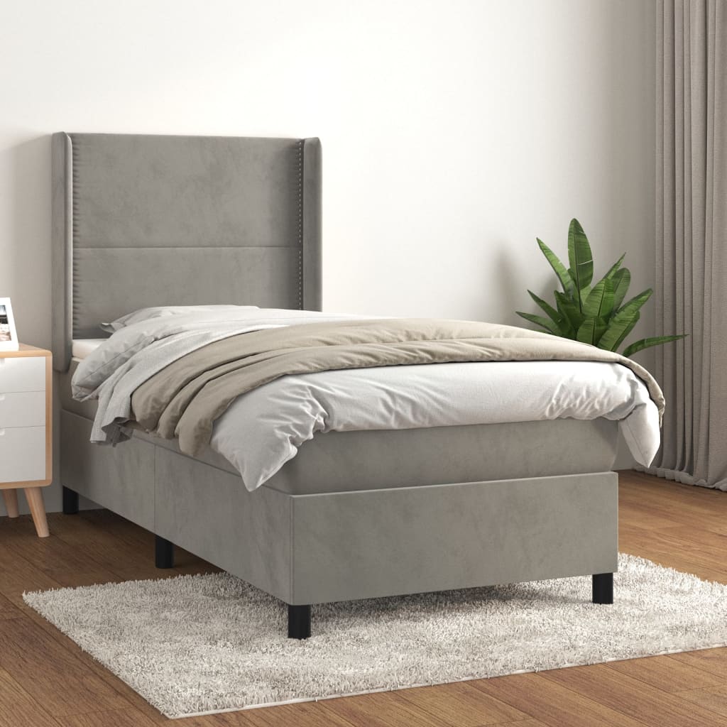 vidaXL Pat box spring cu saltea, gri deschis, 90x200 cm, catifea