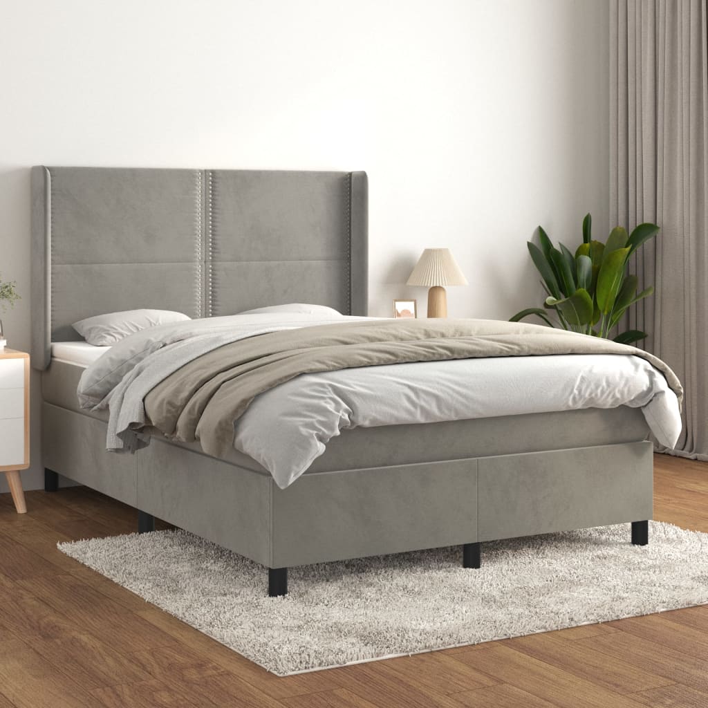 vidaXL Pat box spring cu saltea, gri deschis, 140x190 cm, catifea