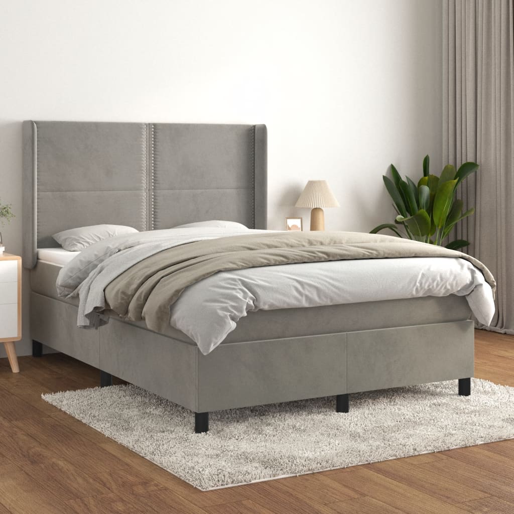 vidaXL Pat box spring cu saltea, gri deschis, 140x200 cm, catifea