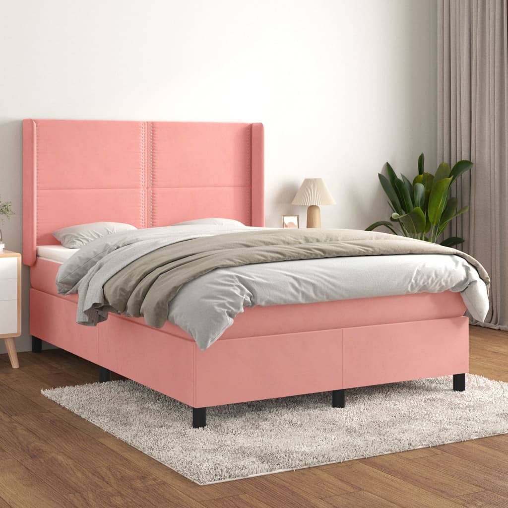 atsperu gulta ar matraci, rozā samts, 140x200 cm | Stepinfit.lv