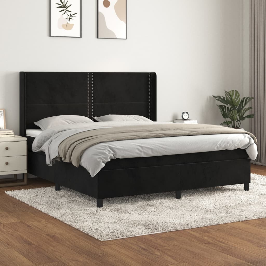 vidaXL Pat box spring cu saltea, negru, 160x200 cm, catifea