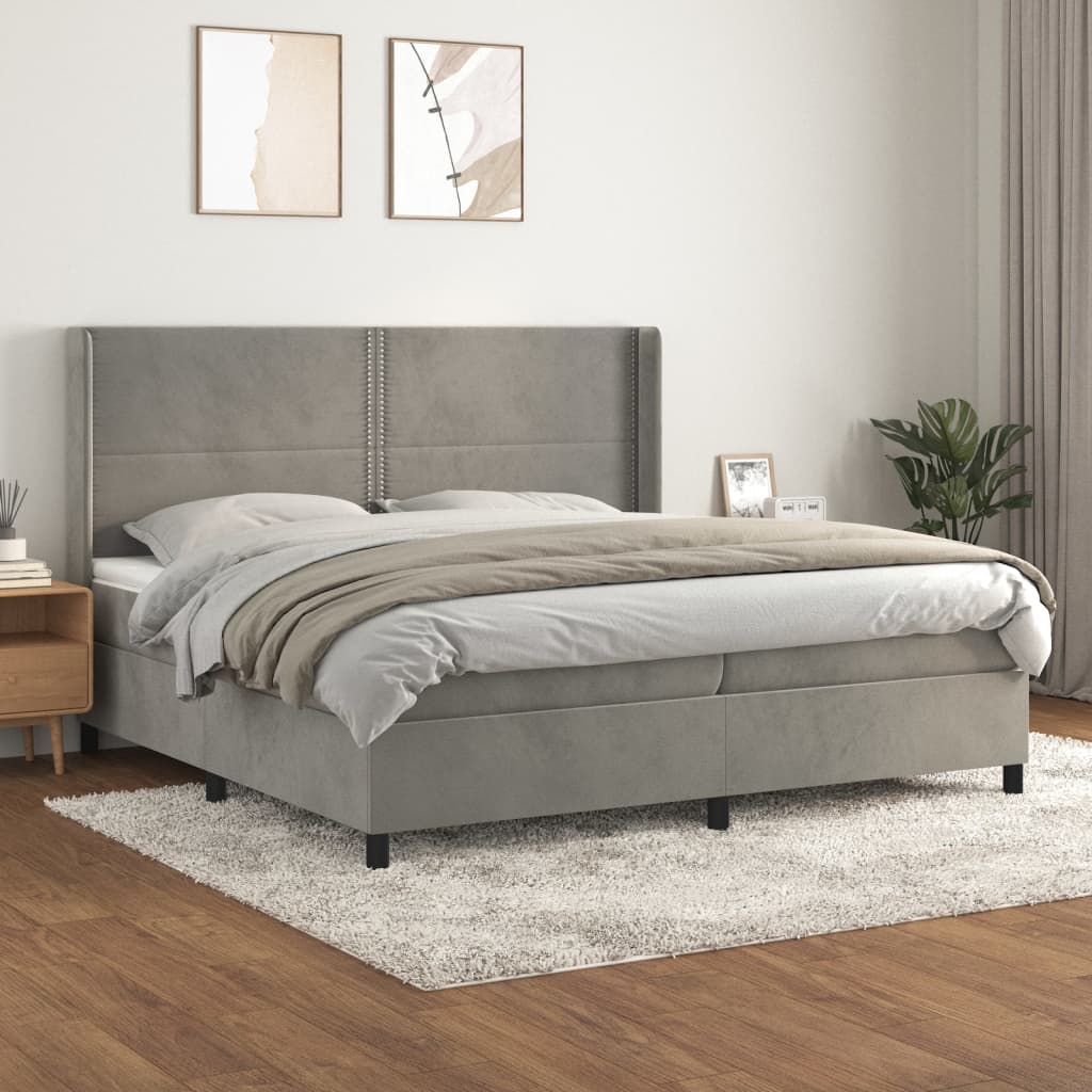 vidaXL Pat box spring cu saltea, gri deschis, 200x200 cm, catifea