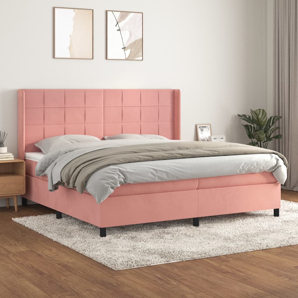 vidaXL Pat box spring cu saltea, roz, 200x200 cm, catifea