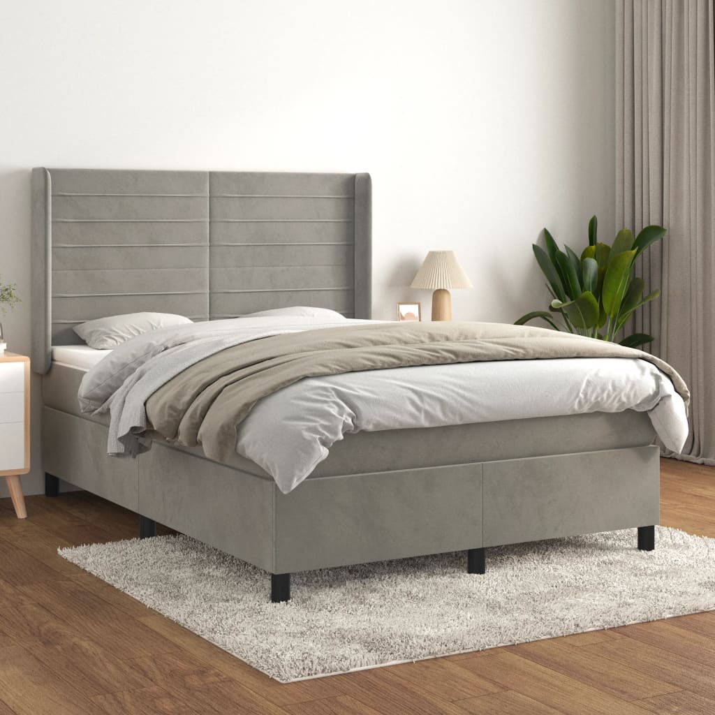 vidaXL Pat box spring cu saltea, gri deschis, 140x190 cm, catifea