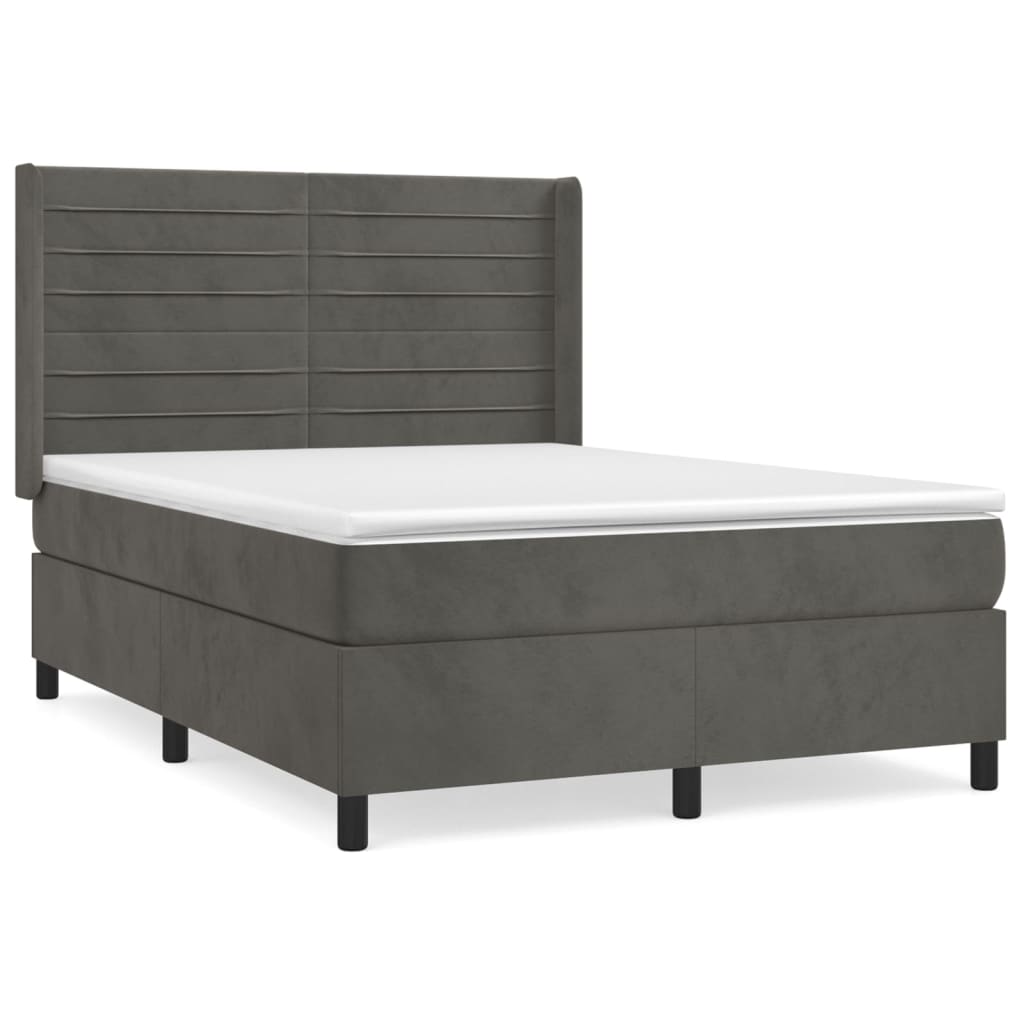 Pat box spring cu saltea, gri închis, 140x190 cm, catifea