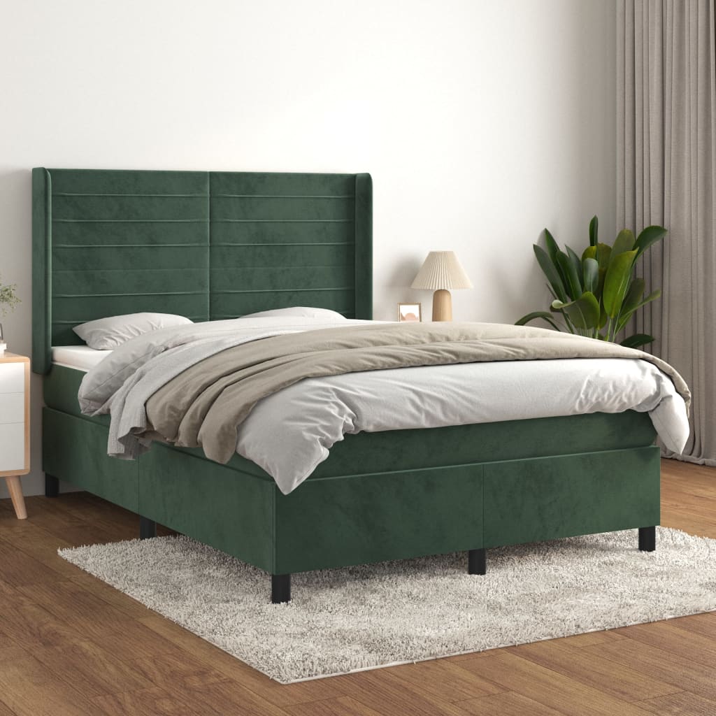 vidaXL Pat box spring cu saltea, verde închis, 140x190 cm, catifea