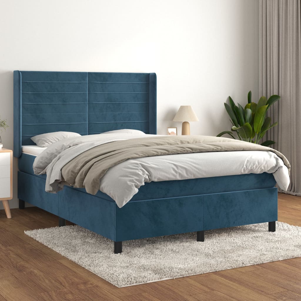 Box spring postel s matrací tmavě modrá 140x190 cm samet