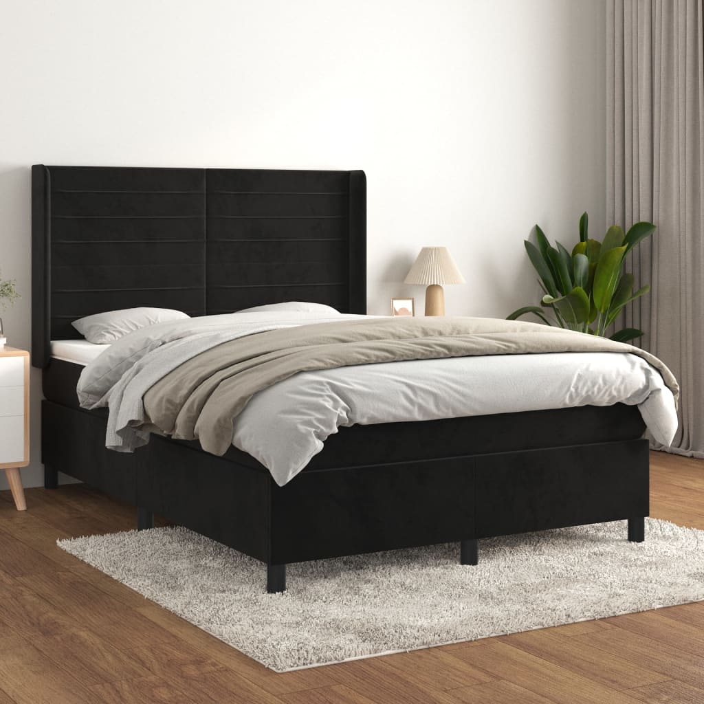 vidaXL Pat box spring cu saltea, negru, 140x200 cm, catifea