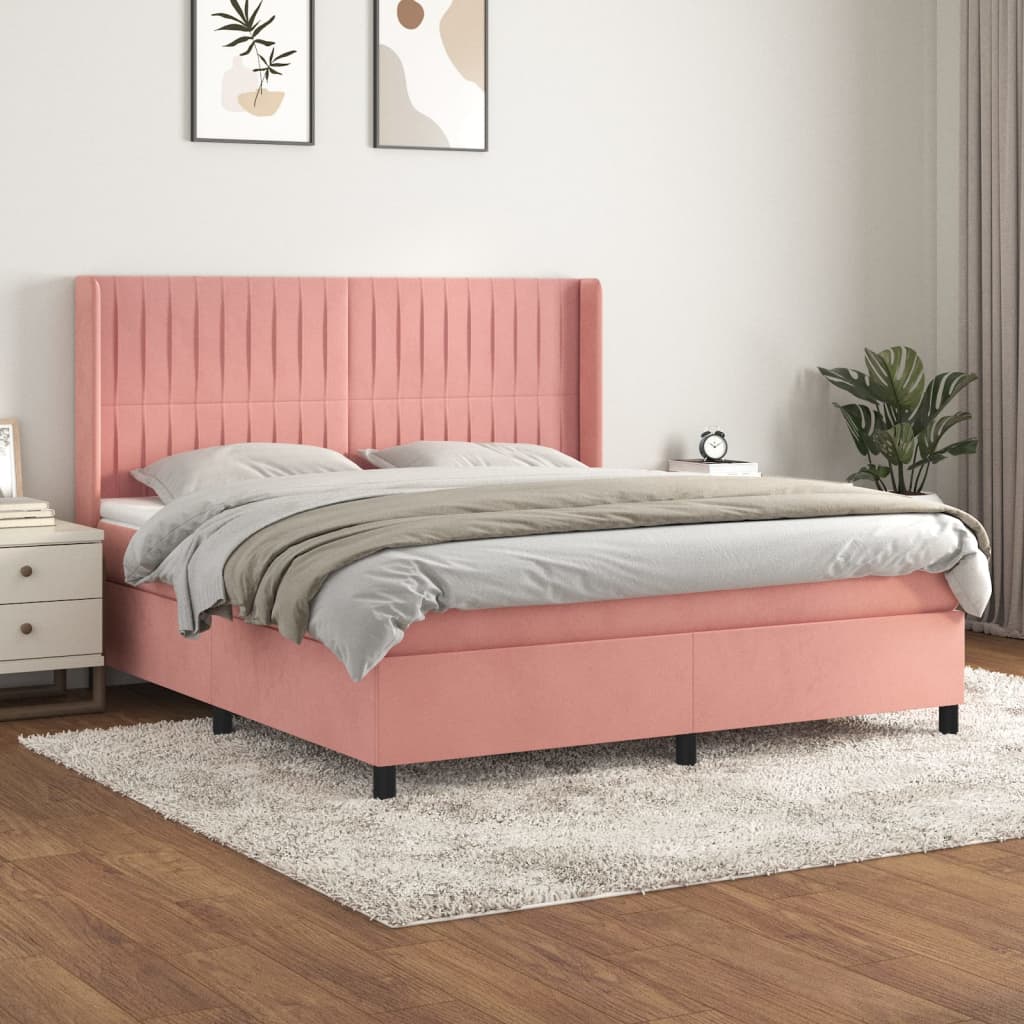 atsperu gulta ar matraci, rozā samts, 160x200 cm | Stepinfit.lv