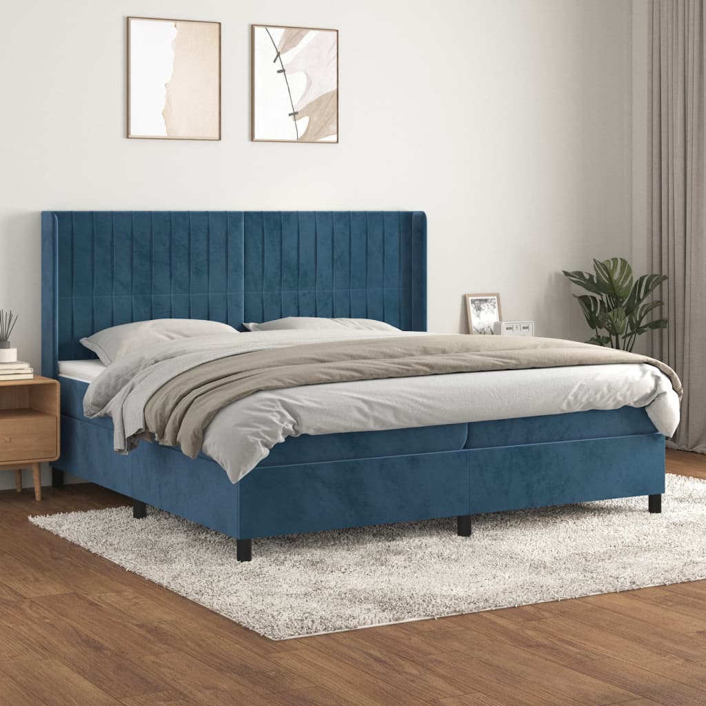 vidaXL Pat box spring cu saltea, albastru închis, 200x200 cm, catifea