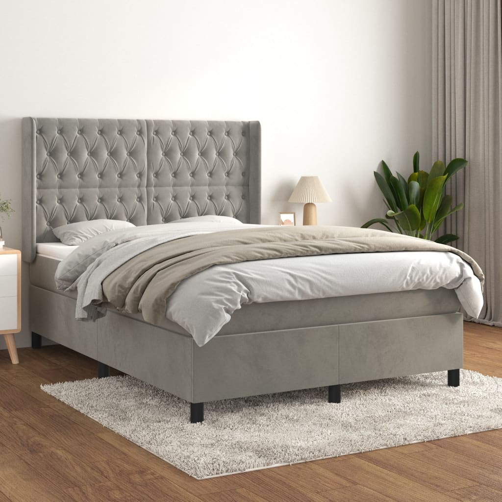 vidaXL Pat box spring cu saltea, gri deschis, 140×200 cm, catifea vidaXL imagine 2022
