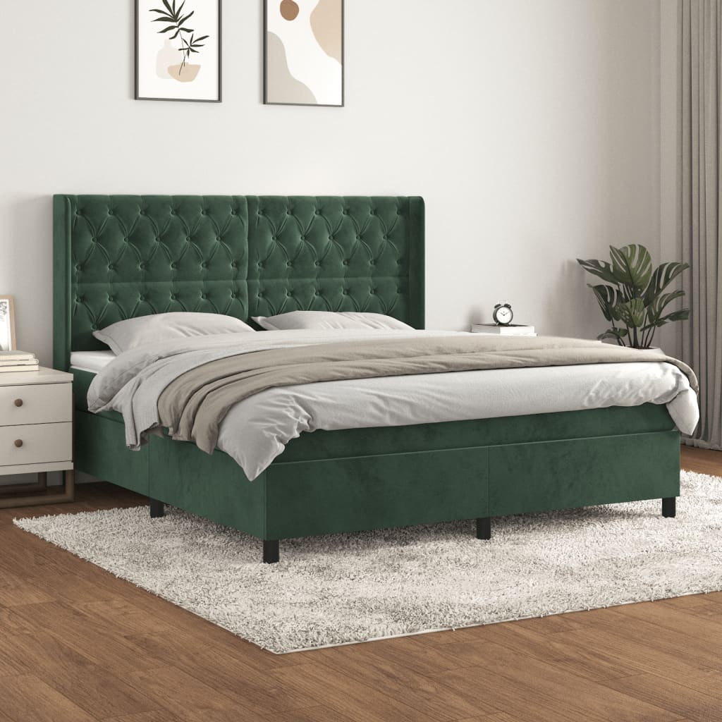 vidaXL Pat box spring cu saltea, verde închis, 160x200 cm, catifea