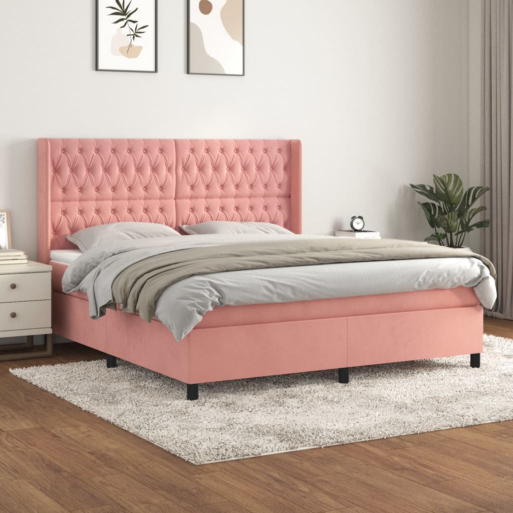 vidaXL Pat box spring cu saltea, roz, 180x200 cm, catifea