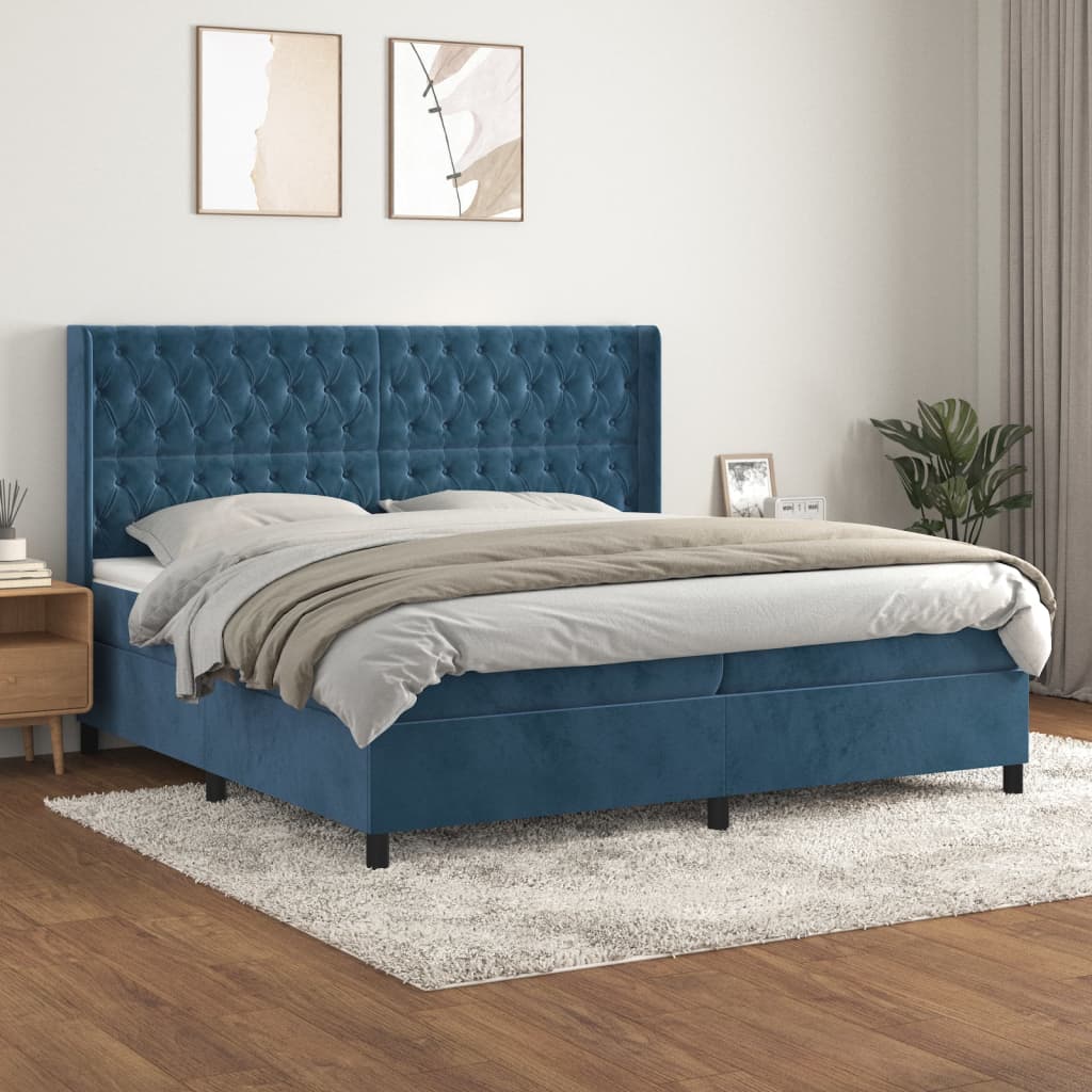 vidaXL Pat box spring cu saltea, albastru închis, 200x200 cm, catifea