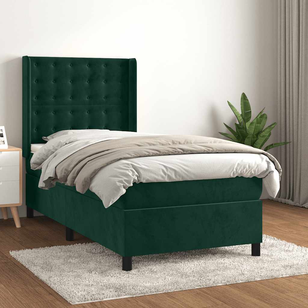 vidaXL Pat box spring cu saltea, verde închis, 90x190 cm, catifea