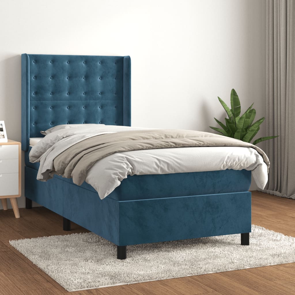 Box spring postel s matrací tmavě modrá 90x200 cm samet