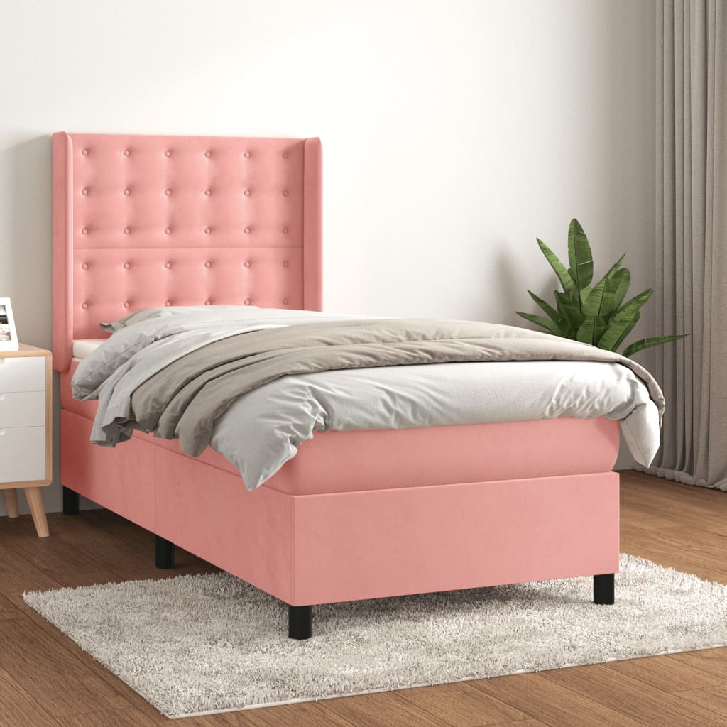 vidaXL Pat box spring cu saltea, roz, 90×200 cm, catifea vidaXL imagine 2022