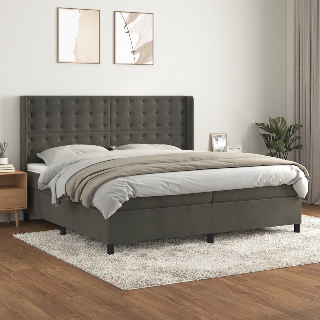 vidaXL Pat box spring cu saltea, gri închis, 200x200 cm, catifea